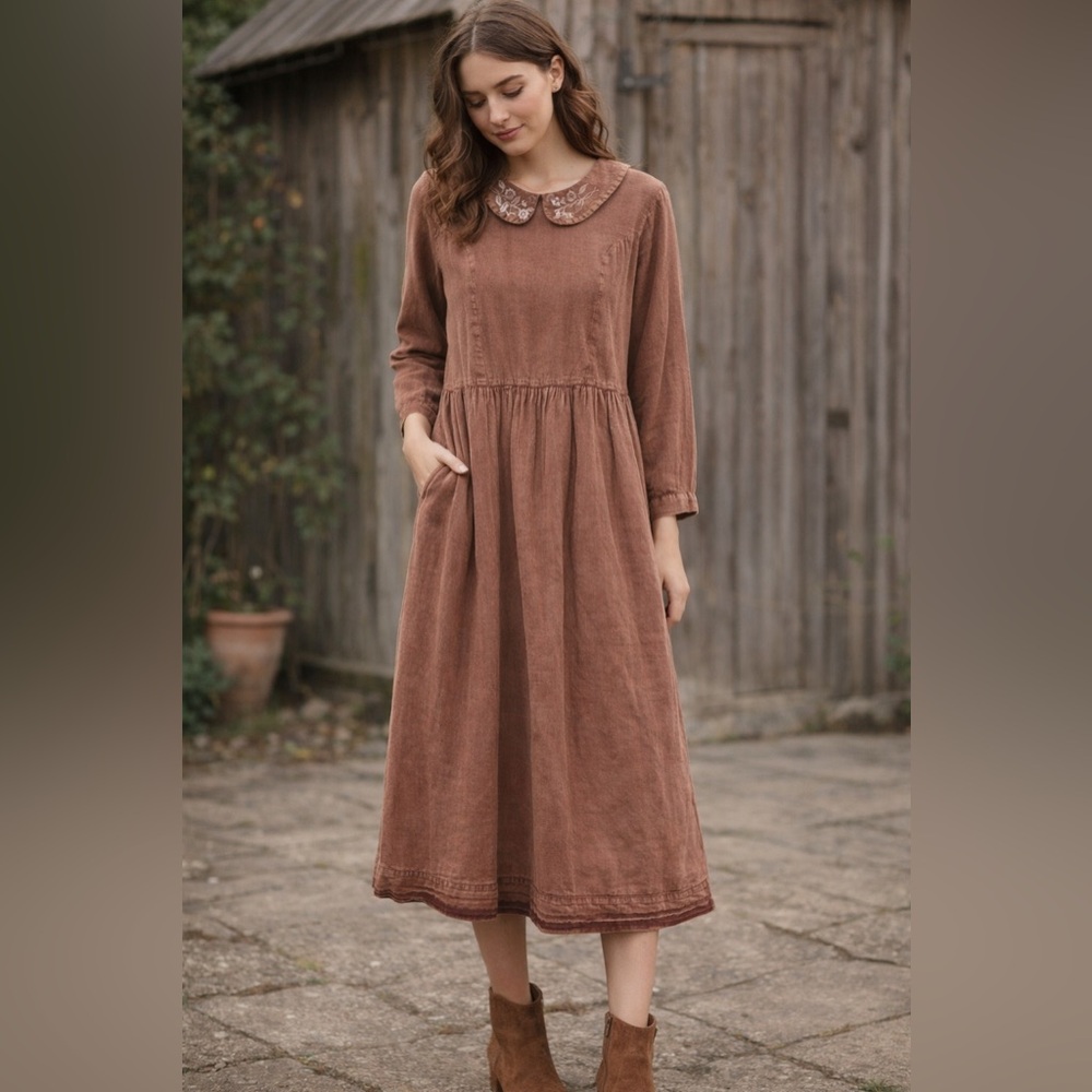 NEW April Cornell Surrey Dress Chestnut Midi Boho – Intentional Distressed Dye - Picture 1 of 4